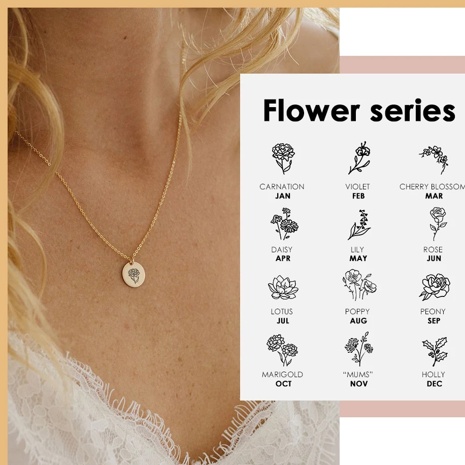 

Engrave women Floral Pendant Necklaces Birth Month Flowers Gold Necklace Stainless Steel Gift For Her, Silver / gold / rose gold