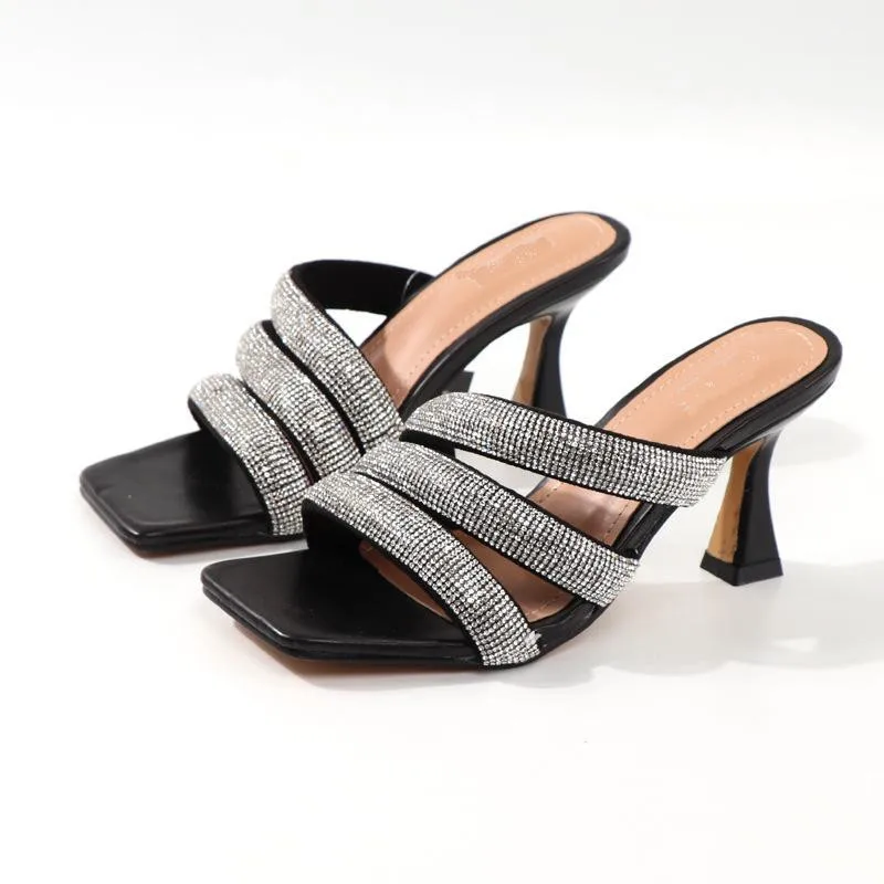 

High Quality Summer European American Fashion Rhinestone Square Head High-Heeled Women Sandals, Customized color