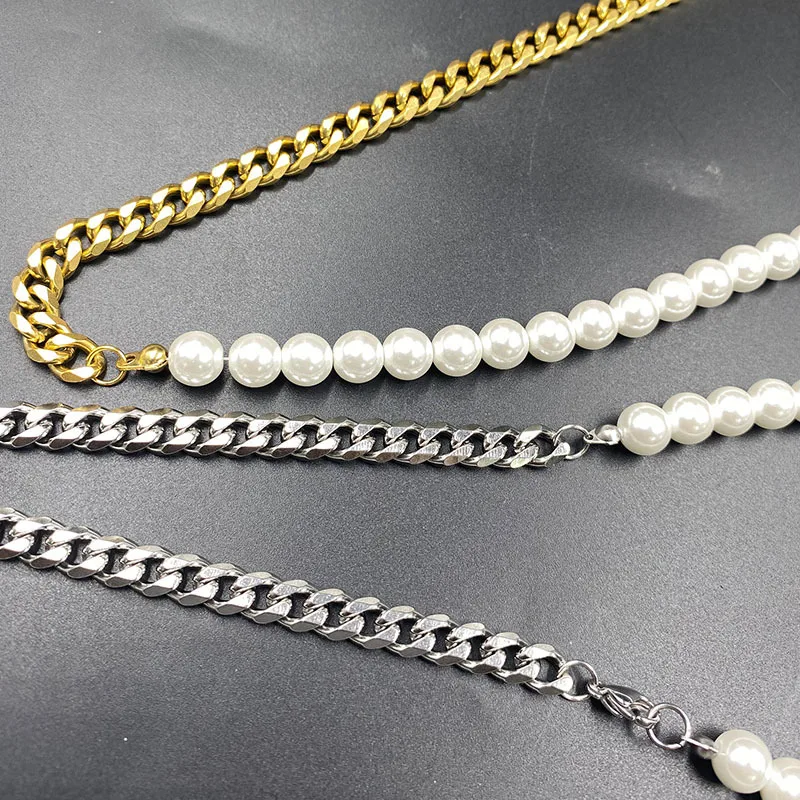 

Luxury Half Cuban Chain Half Freshwater Pearl Choker Necklace 18K Gold Stainless Steel Women Men Pearl Connected Male Necklace