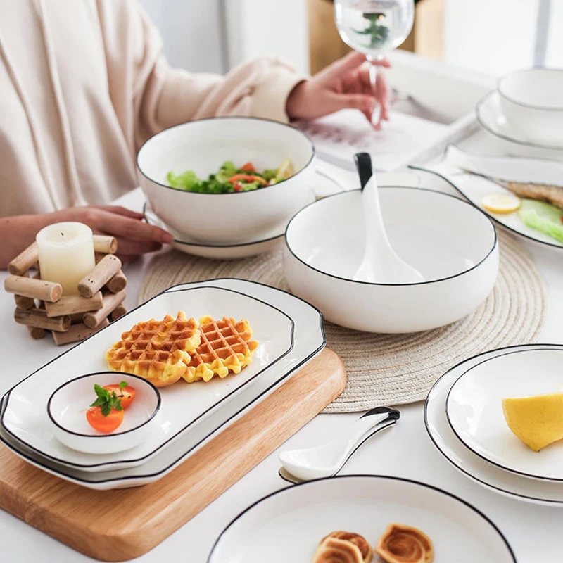 

Modern Hotel Porcelain Dinner Plates Wedding Fine White Dinner Set Underglaze Color Ceramic Tableware Bowl Soup Noodles Plate