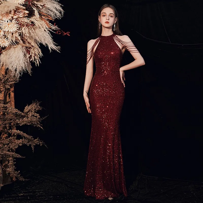 TW00073 Trendy Wedding Bridesmaid Dresses Shiny Backless Sleeveless Halter A-line Party Dress Gowns for Women Evening Dresses
