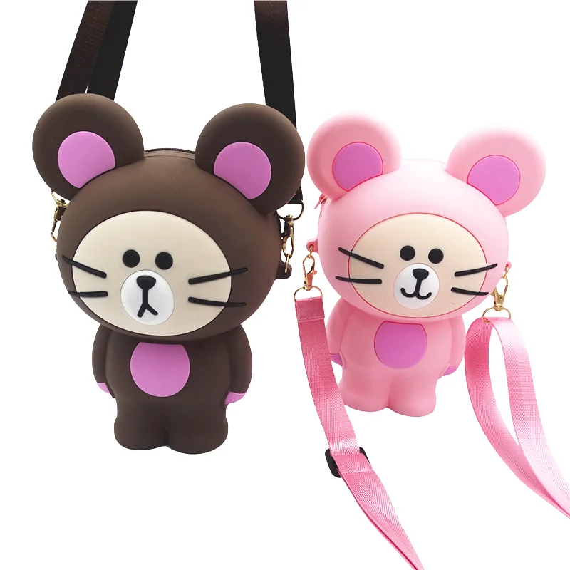 

2021 hot new cartoon mouse shoulder bag silicone custom children cartoon cross-body bag children mobile Shoulder Bag, Pink ,red,green,brown