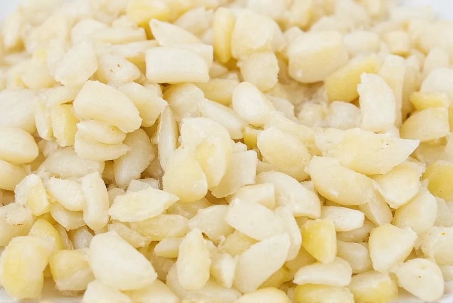 Chef measuring minced garlic in teaspoon against reference garlic cloves