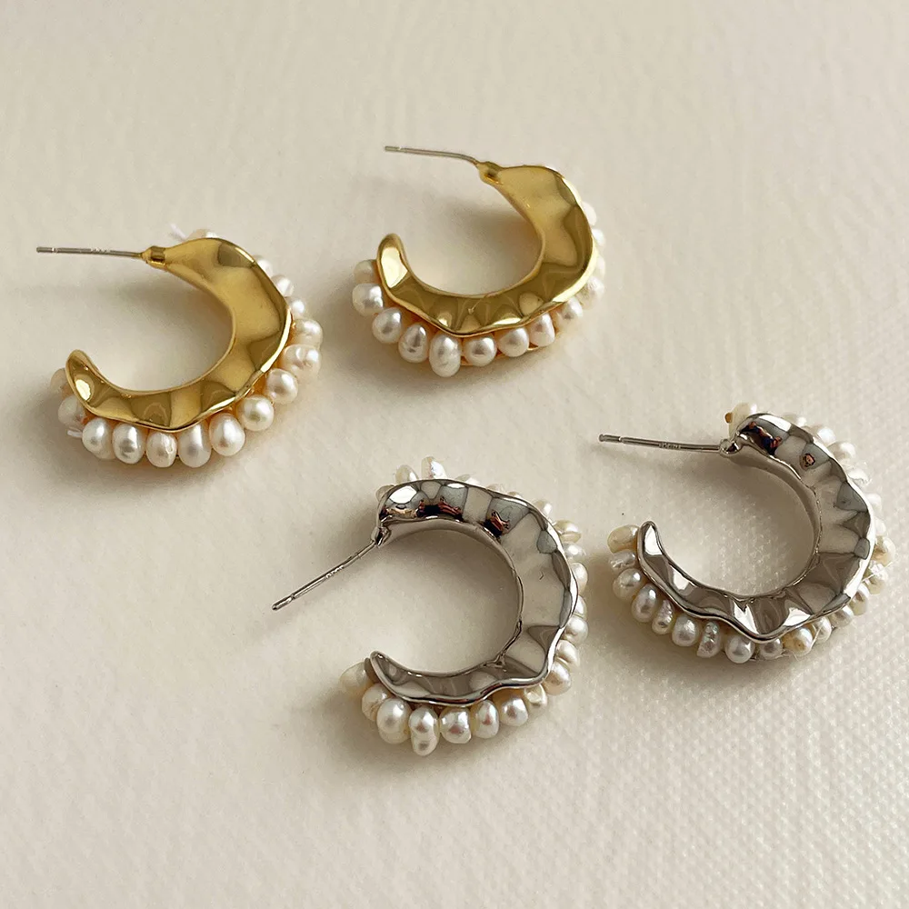 

Vintage S925 Silver Needle Earrings Irregular Hoop Earrings Fresh Water Pearl Earrings Women