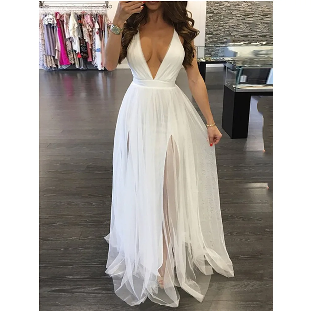 

2021 New arrival Spring Summer white backless V-neck Sexy Tulle ruffle maxi floor women evening dresses sexy, Customized color