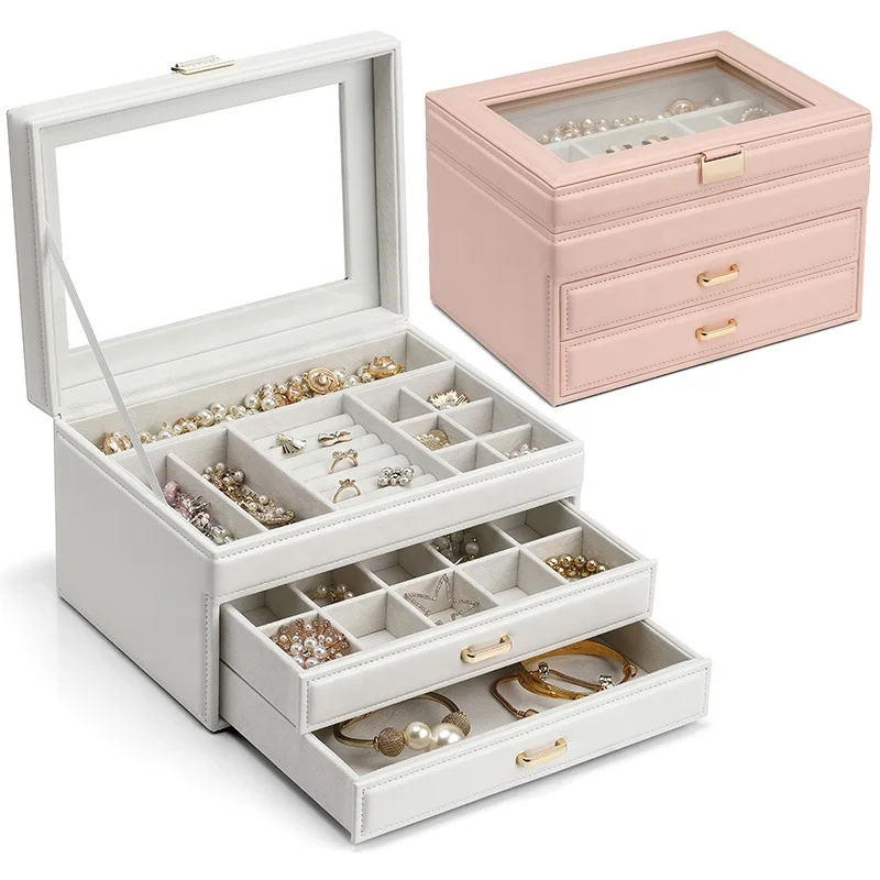 

Fashion jewelry storage box with glass top display three layers multifunctional trinket jewel organizer for women household, Pink,white,gray,pantone as well as cmyk