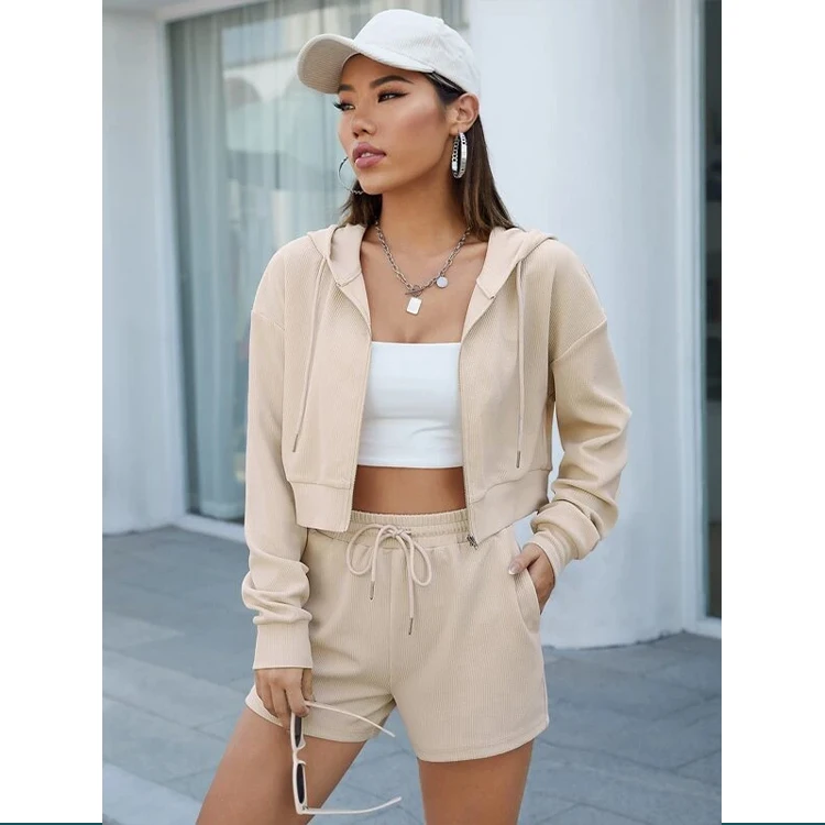 

Custom Hoodies Crop Top 2 Piece Sets Women's Jogger Set Outfit Cotton Long Sleeve Tops And Shorts Set For Women