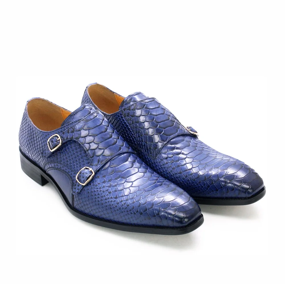 

Hot sale new leather snake grain pointed toe business formal double Monk strap men's dress shoes for office, Blue