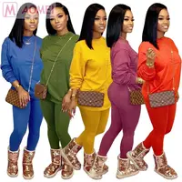 

S7025 best price solid candy color loose hoodie casual trouser Women 2 Piece Set Clothing