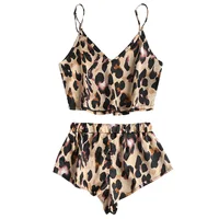 

exy Summer Pajamas Sleepwear Women Sleeveless Spaghetti Strap Nightwear Leopard Print Satin Cami Top Shorts Pajama Sets