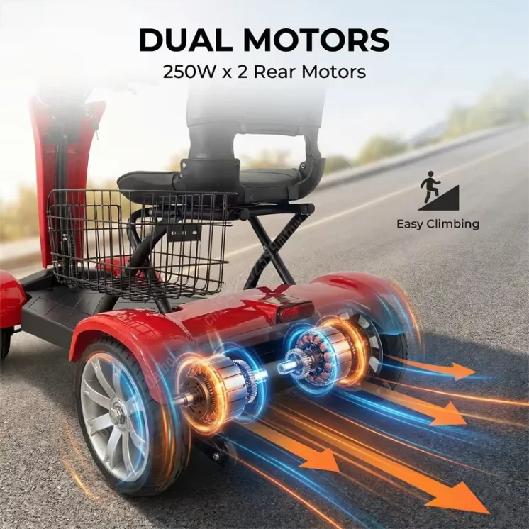 Auto Fold Dual Motor 4-Wheel Electric Scooter 36V 500W Lightweight 40-60km Range Unisex Portable Mobility Vehicle Elderly Riders