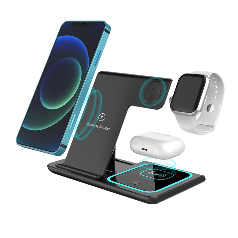 

Universal Cheaper 3 in1 Wireless Charger Stand Foldable 15W Fast Charging Wireless Charger Mobile Phone Holder For Apple Watch, Black white