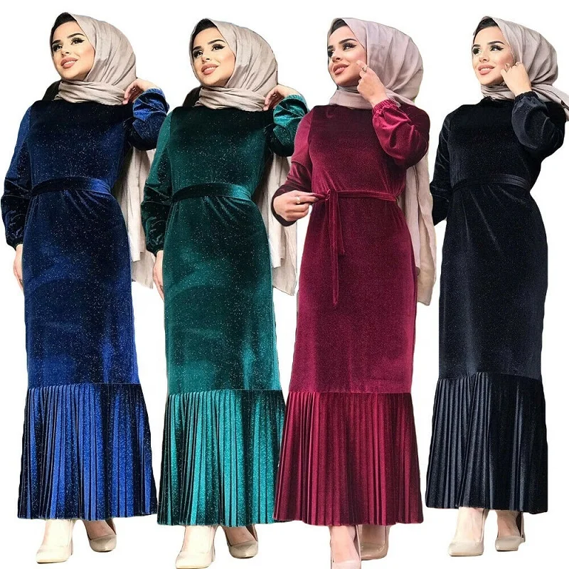 

Women New Arrival Winter Islamic Dress Modern Pleat Bottom Shinning Velvet Long Dress, Black,wine,royal blue,dark green