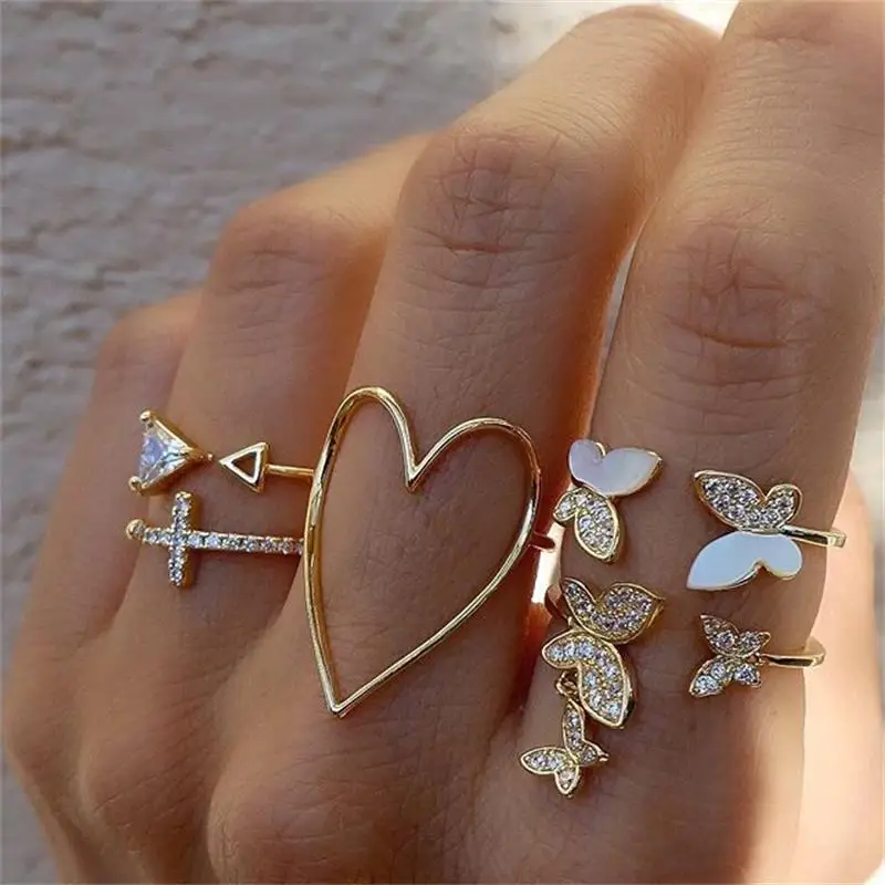 

MuXi Cross Triangle Love Heart Hollow Full Diamond Dripping Butterfly Ring 5 Piece Set Joint Ring Jewelry, One color