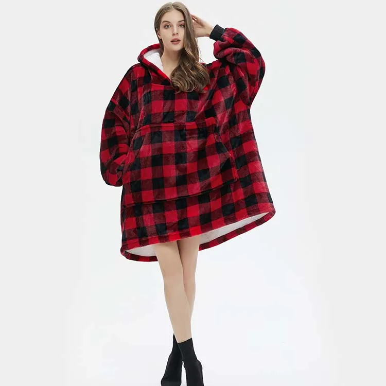 

Amazon Hot Hoodie Big Hood Oversized Pullover Small Plaid Flannel Pajamas with Pockets