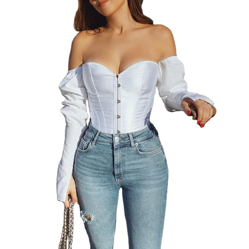 

Off Shoulder Tops Strapless Bow Bustier Shirt Women Elegant Fashion Long Sleeve Corsets Blouse Club Corset Top Women Sexy