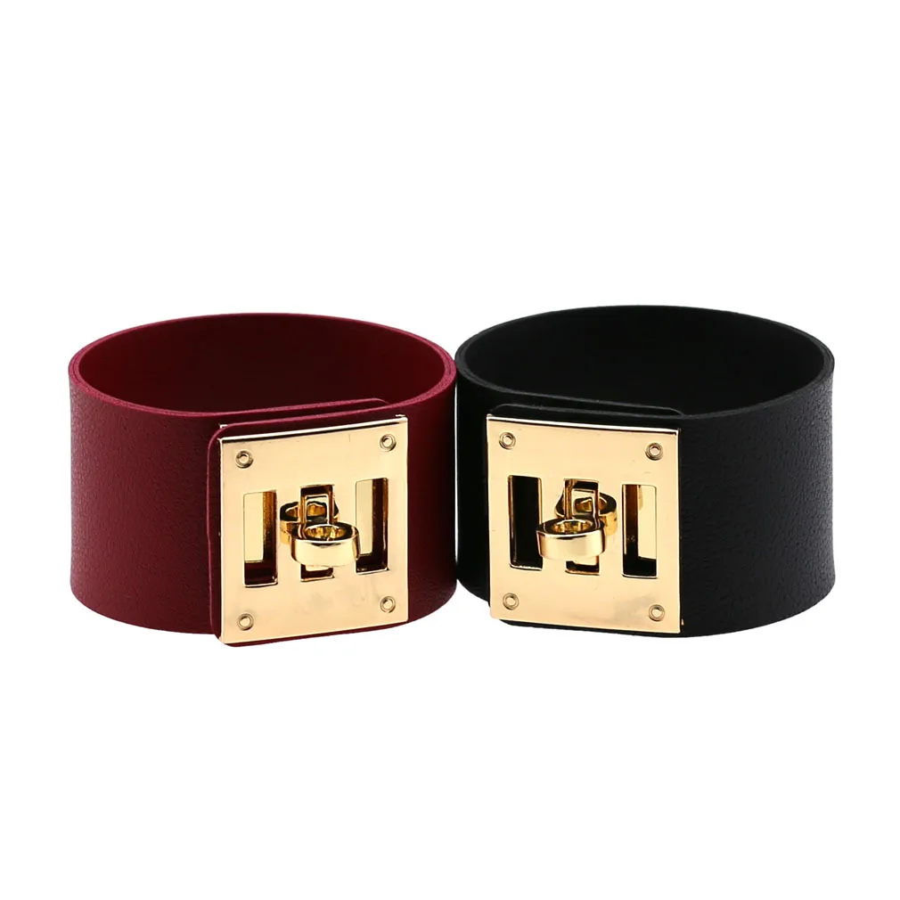 

Luxury Wide Pu Leather Clasp Bracelet Fashion Punk Goth Wide Circular Gold Color Leather Bracelets & Bangles For Women Men, Multi-color