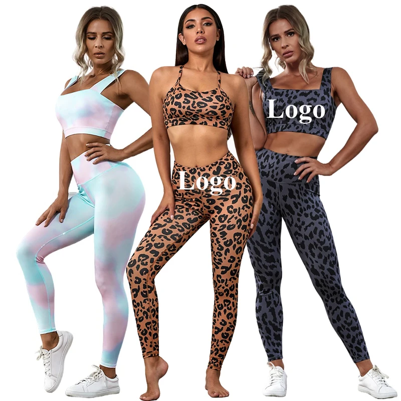 

Custom Logo OEM Women Tie Dye Leopard Print High Waist 2 Piece Fitness Set Workout Pants Yoga Leggings Gym Sport Wear, Leopard print gym sport wear women