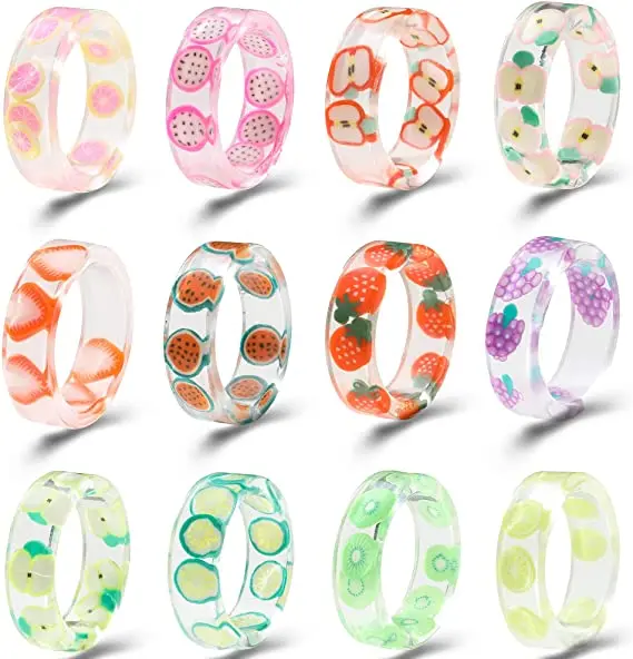 

Summer Cute Fruit Colorful Rings Couple Transparent Fruit Print Stackable Resin Acrylic Rings