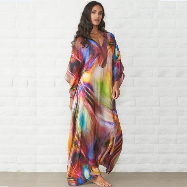 

Wholesale 2021 summer seaside vacation leisure loose women's dress sunscreen fashion new printing plus size women's dress, 2 colors