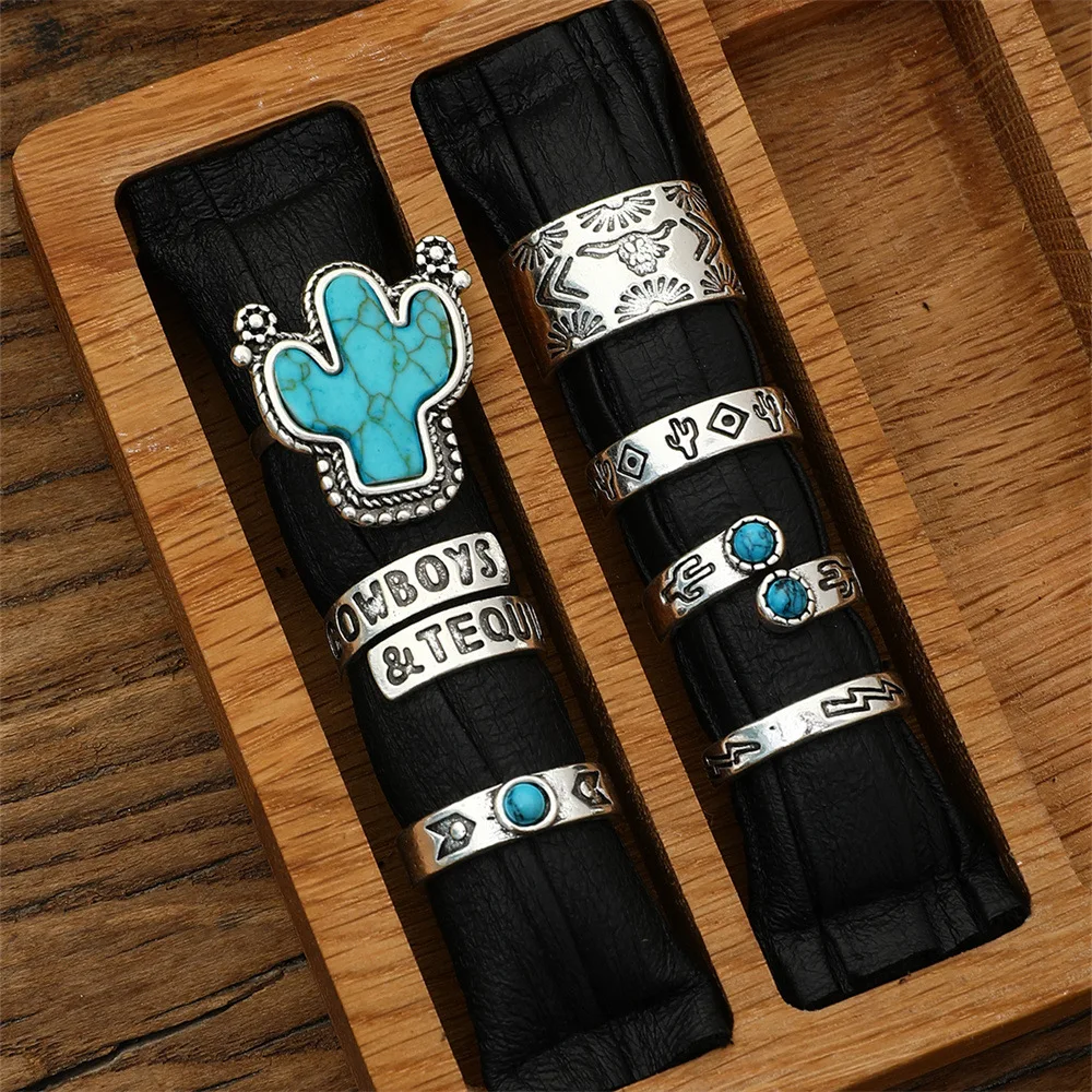 

8 Pcs/set Western Cowboy Style Retro Turquoise Cactus Multi-element Fashion Ring