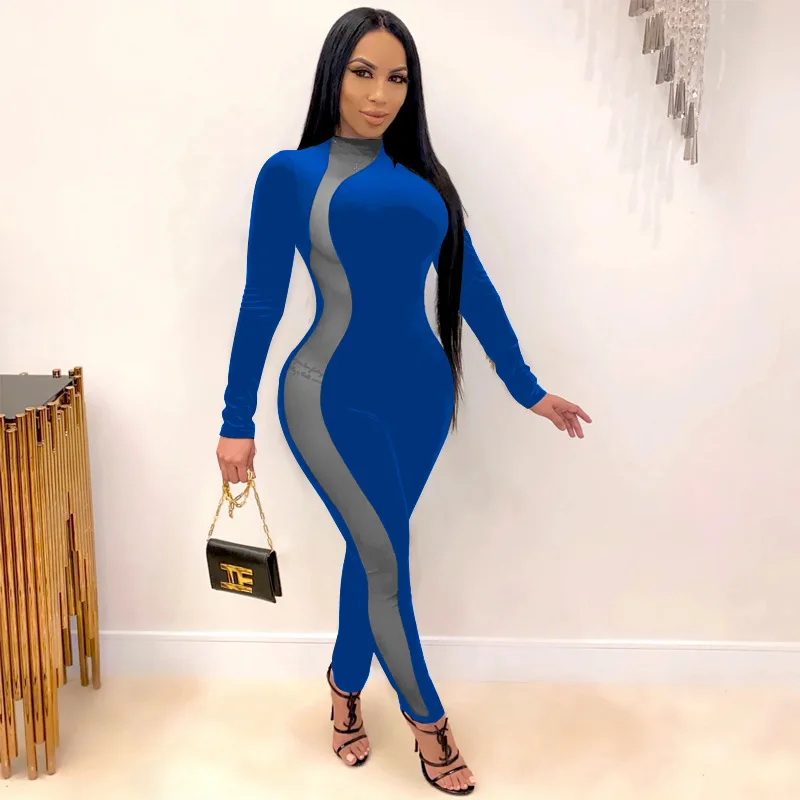 

New Gold Velvet See-through Mesh Sexy Plus Size Skinny Jumpsuit, Picture color