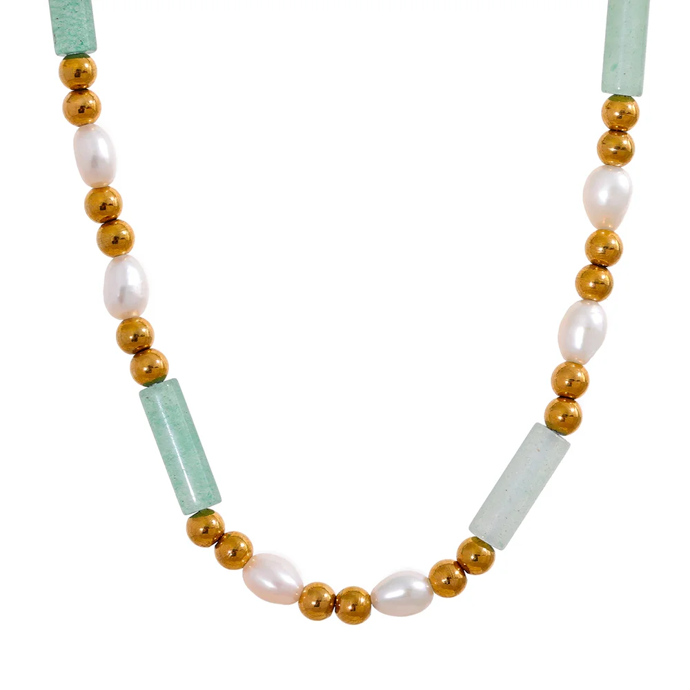 

JINYOU 1469 Green Aventurine Stone Jewelry Necklace Stainless Steel Beads Natural Pearls Handmade Fashion Semi-precious Bijoux