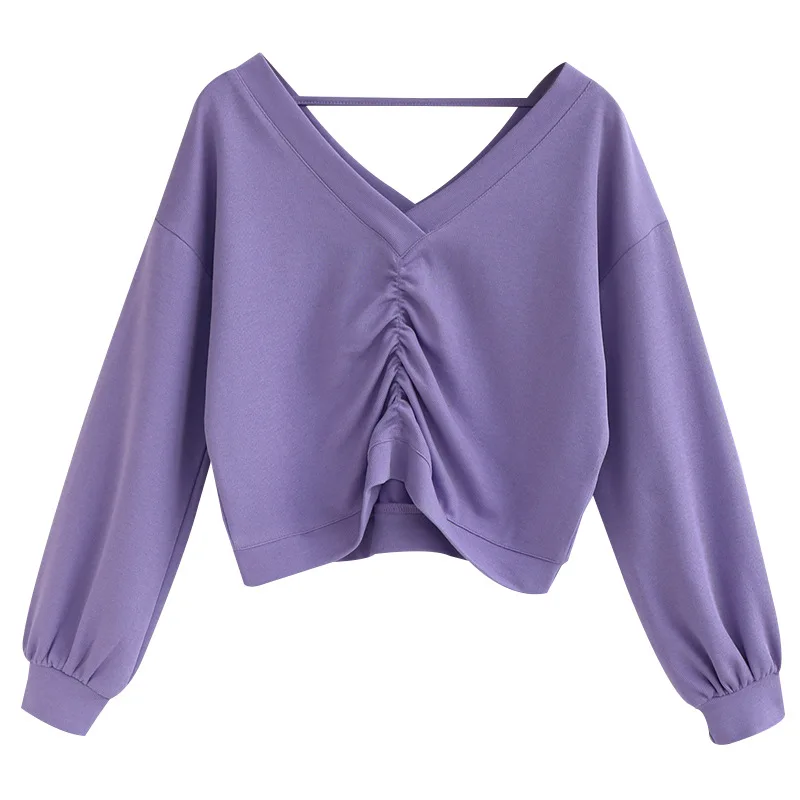 

V-neck leaky clavicle sweater Autumn Korean style design niche high-waist umbilical chest pleated long-sleeved pullover top