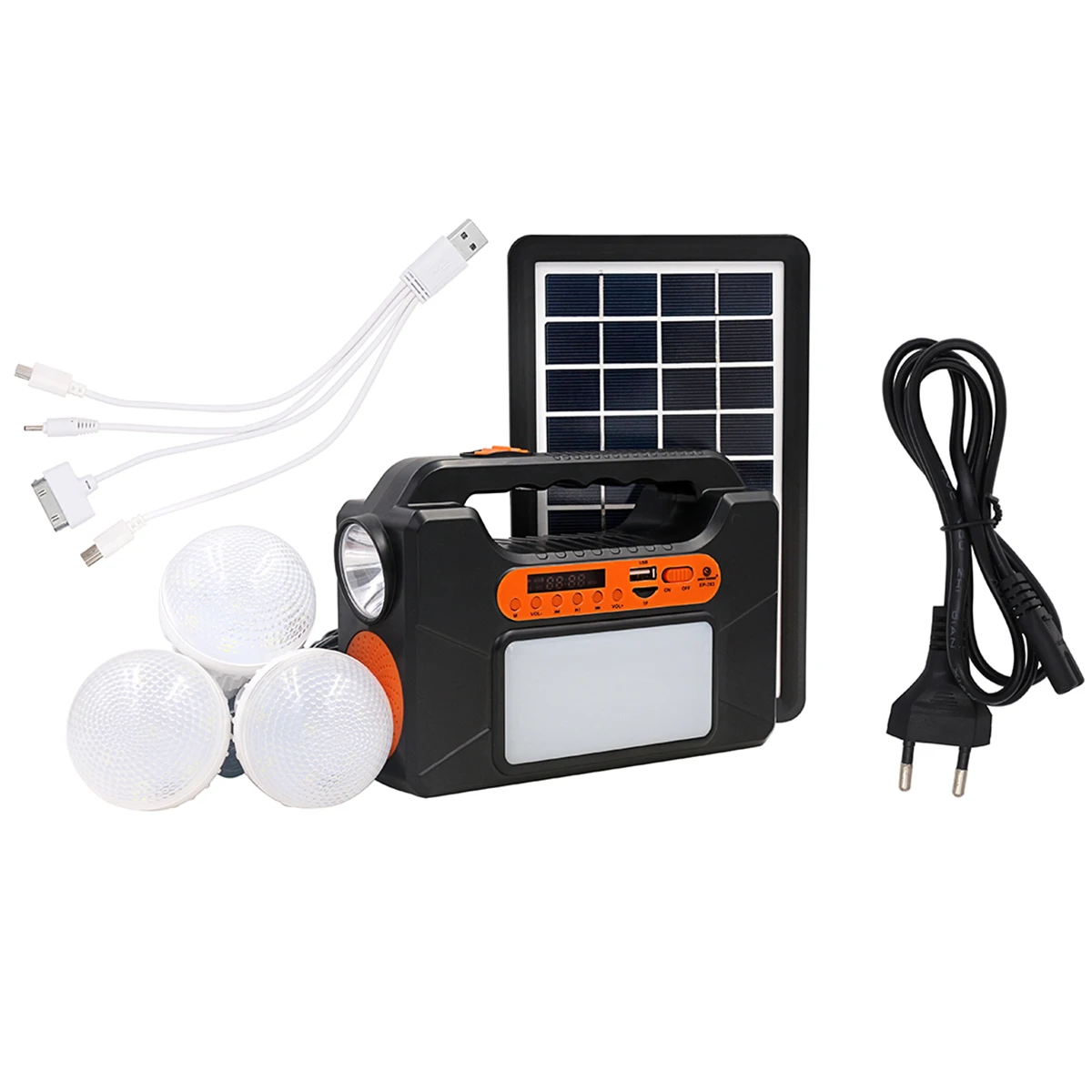 

Solar Power Panel Generator Kit Radio+3 LED Bulb Light for Home Outdoor Emergency Lighting, Black