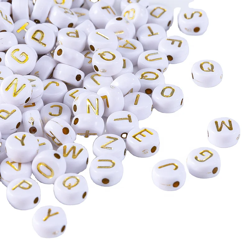 

Wholesale 4mm*7mm Plastic White Round Gold Letter Beads Flat Round Acrylic Alphabet Beads