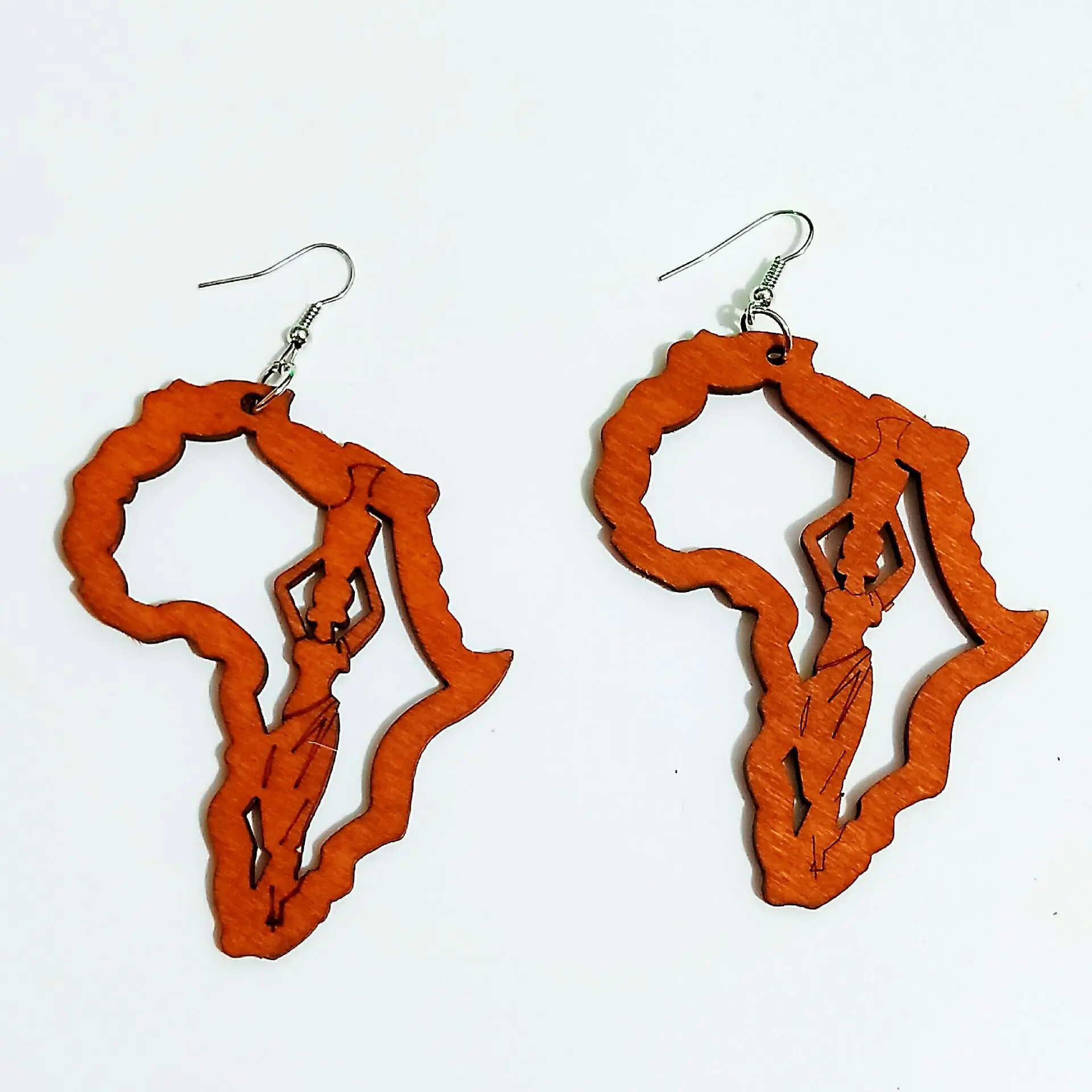 

New Arrival Ethnic Jewelry Tribal Pattern Handmade Laser Engraved Wooden Earrings African Motherland Map Earring, Picture
