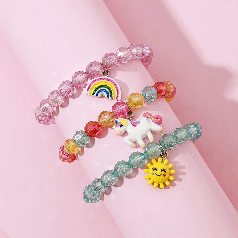 

JOJO Fashion 3Pcs/Sets Cute Cartoon Unicorn Rainbow Sun Pendant Acrylic Beads Bangles Bracelet for Kids Children