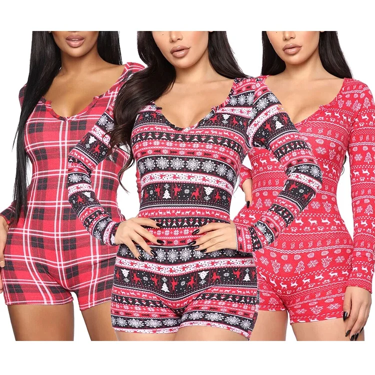

9092 Plaid Long Sleeve Short Jumpsuit Adult Onesie Sleepwear Plus Size Christmas Pjs Onesie for Women, 3 colors: black, plaid, red