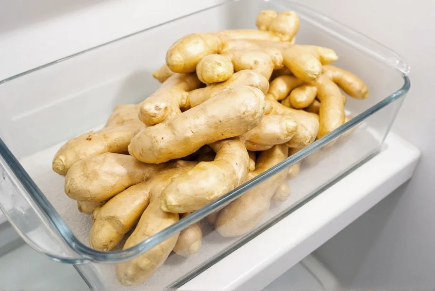 Whole ginger root stored in glass container with paper towel in refrigerator