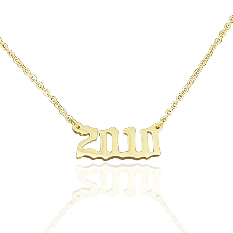 

1980-2021 Personalized stainless steel Choker Old English Numbers Year Necklaces Gold Plated Birthday Year Necklace for Gift