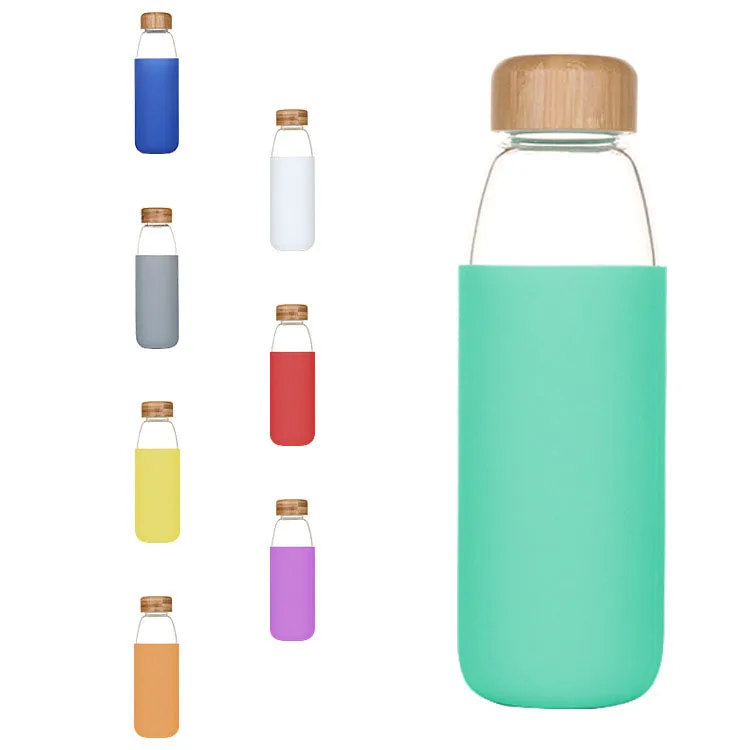 

Wholesale bamboo lid borosilicate glass water bottle with silicone sleeve, Transparent