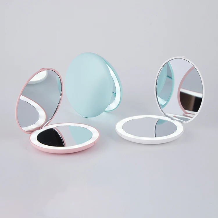 

Portable Handheld Travel Pocket Mirrors Round Led Makeup Light Mirror with Custom Logo, Pink blue white gray