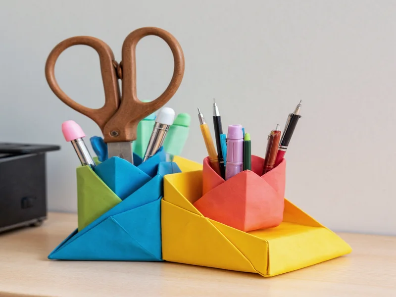 Colorful origami desk organizer holding pens and scissors