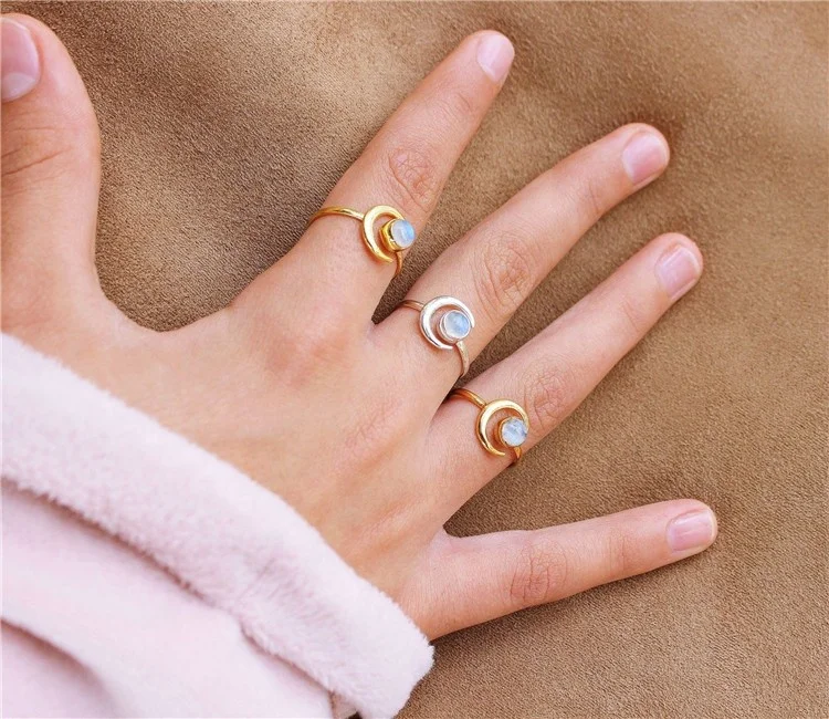 

925 Sterling Silver Vintage Moon Rings Adjustable Women Gold Moonstone Rings For Women Simple Healing Crystal Thin Ring Gifts