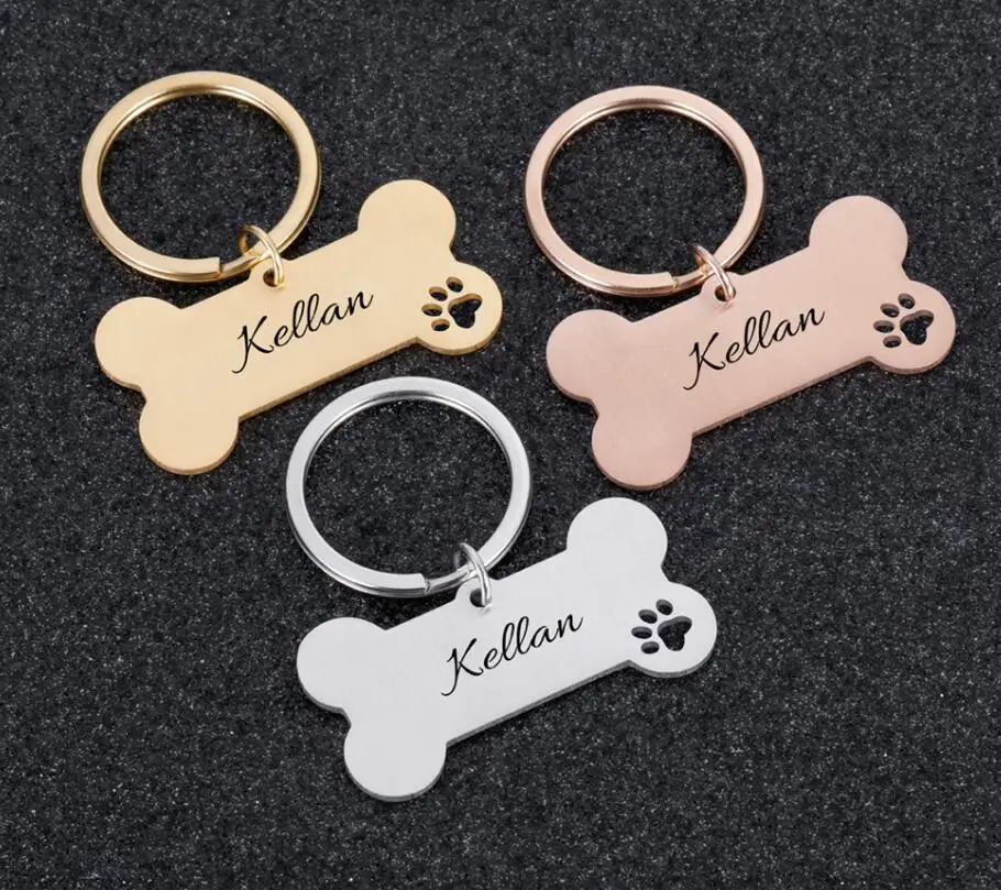 

Hot Sale Personalized Engraved Pendant Key Ring Bone Shape Stainless Steel Pet Dog ID Name Tag Collar, Black/silver/gold/ rose gold