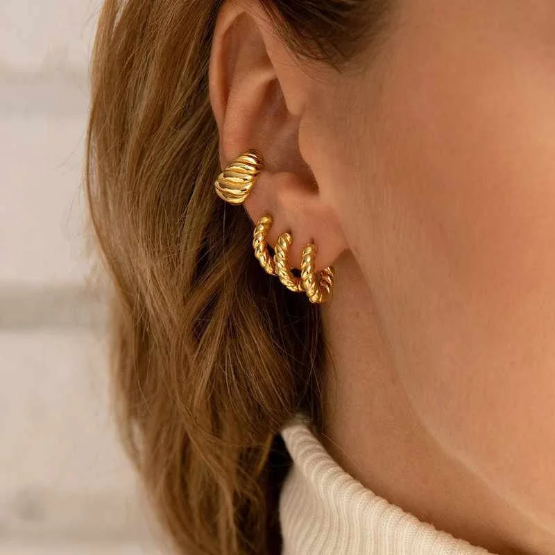 

18K Gold Croissant Earrings Twisted Round Chunky Hoop Earrings 925 Sterling Silver Earrings for Women, Golden