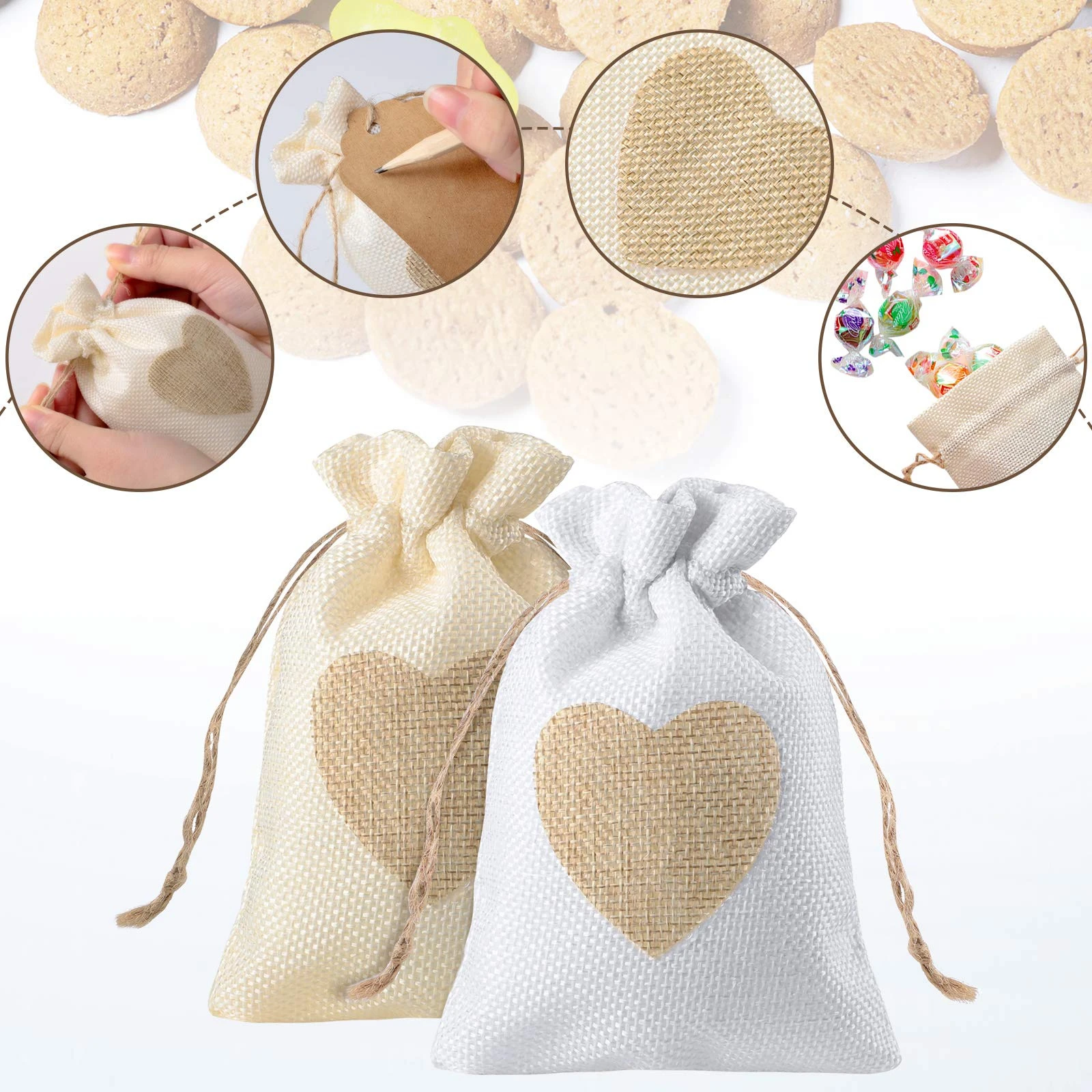 

Small Heart burlap jute linen nice Drawstring pouch bag for wedding, White beige