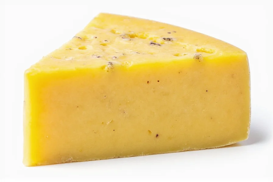 Artisan cheese wheel with visible mustard seeds embedded in the surface, showing the unique combination of dairy and mustard ingredients