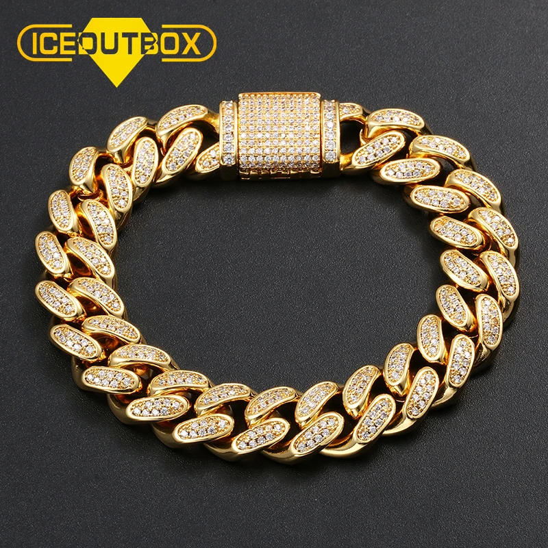 

12mm iced out cuban link bracelet 18K gold plating hiphop jewelry for men