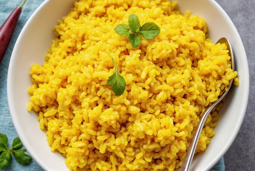 Golden turmeric rice served in a traditional clay bowl with fresh cilantro garnish