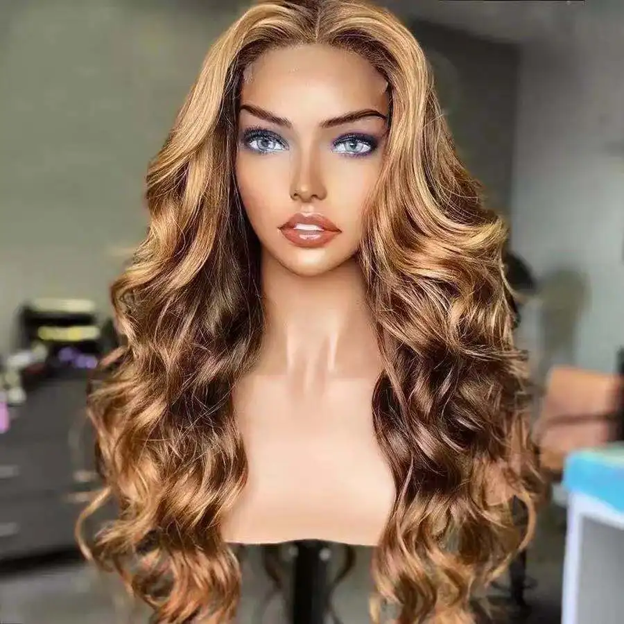 

Highlight Body Wave Wigs Ombre Black Brown Synthetic Wig Hairline Heat Resistant Long Wavy Wigs For Black Women Cosplay Hair