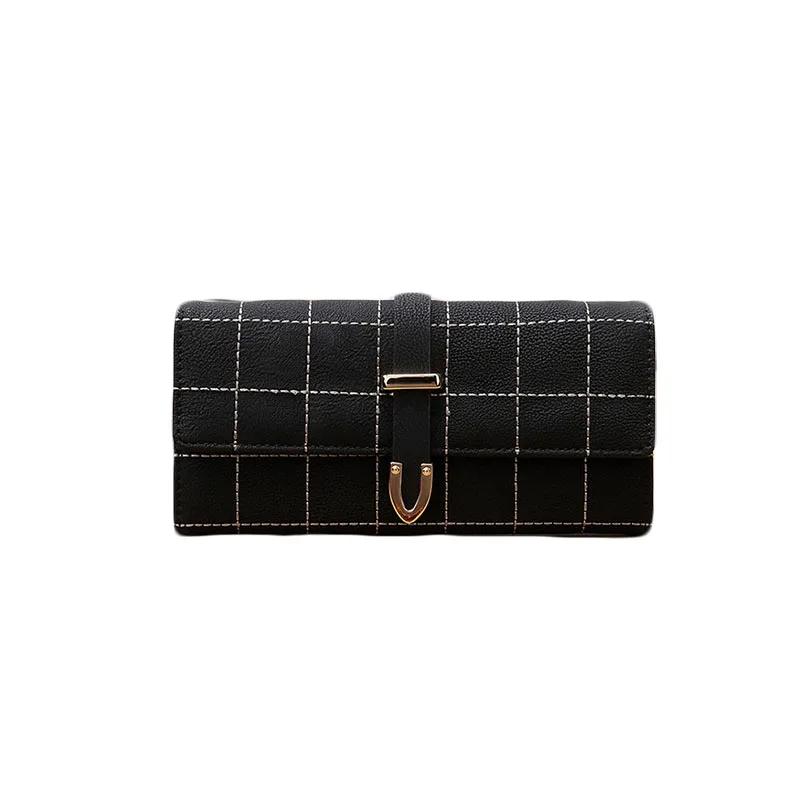 

Women's Long Japanese and Korean Embroidery Retro Plaid PU Frosted Bag Cover Type Three-Fold Big Wallet Coin Purse