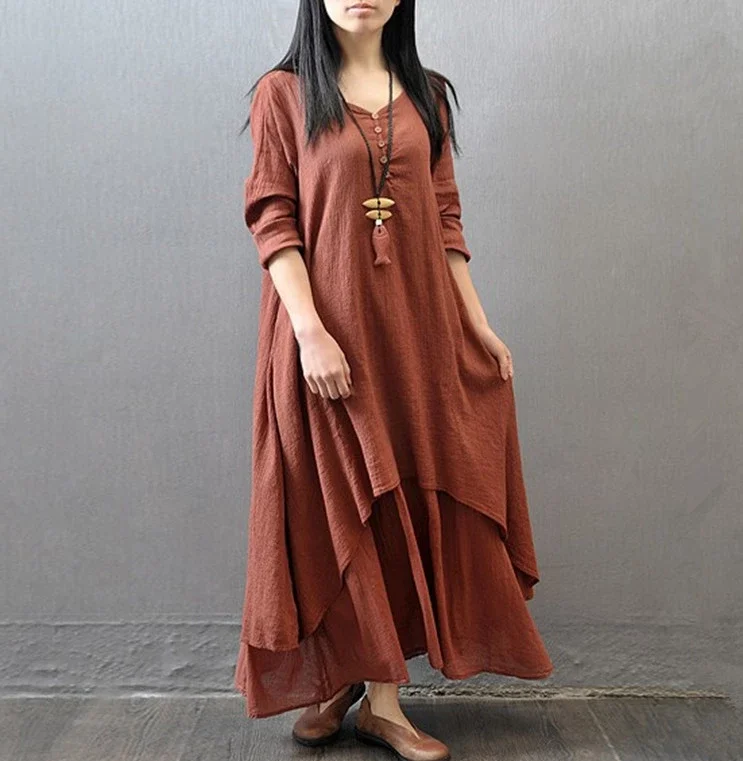 

Women Maxi Dress 2019 Autumn New False Two-piece Long Sleeve Round Neck Loose Plus Size Irregular Dress, Customized color