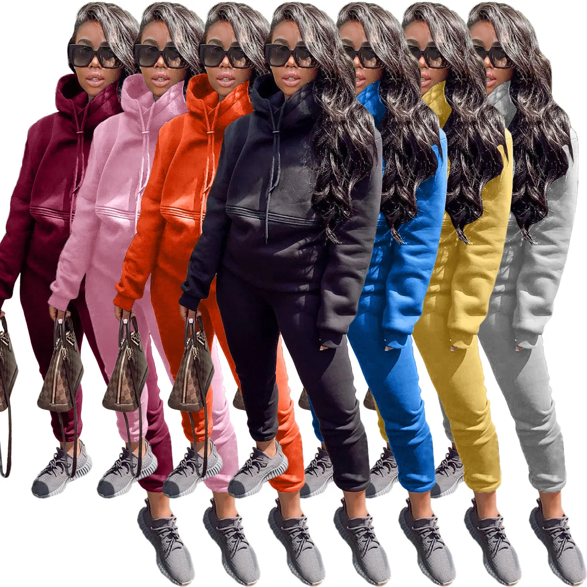 

2021 Fall And Winter New Woman Casual Solid Color Hooded Sports 2 Piece Jogger Set