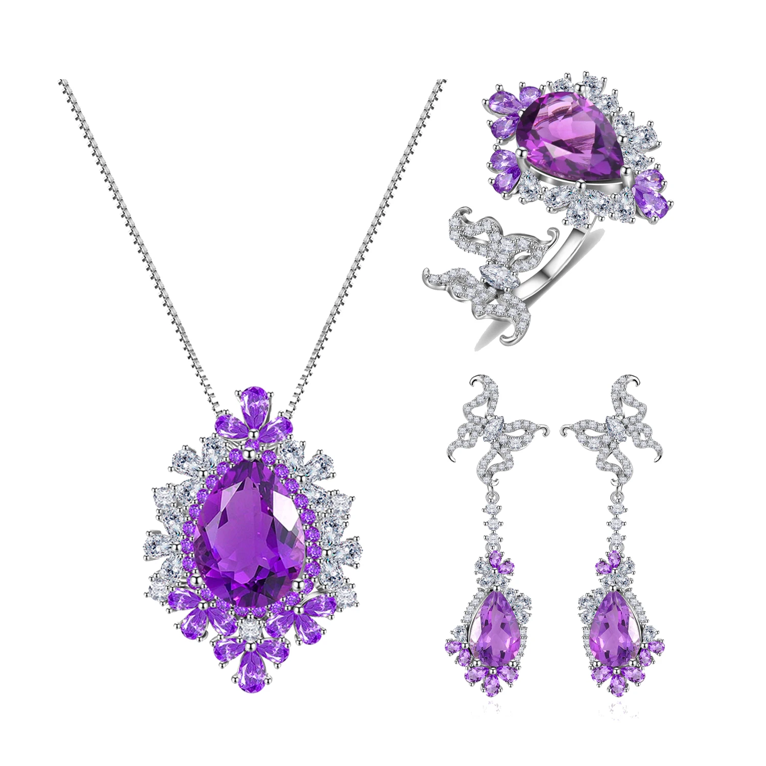 C9386 Luxury Large Stone Butterfly Designs 925 Sterling Silver Rings Necklace and Earring Jewelry Set for Women